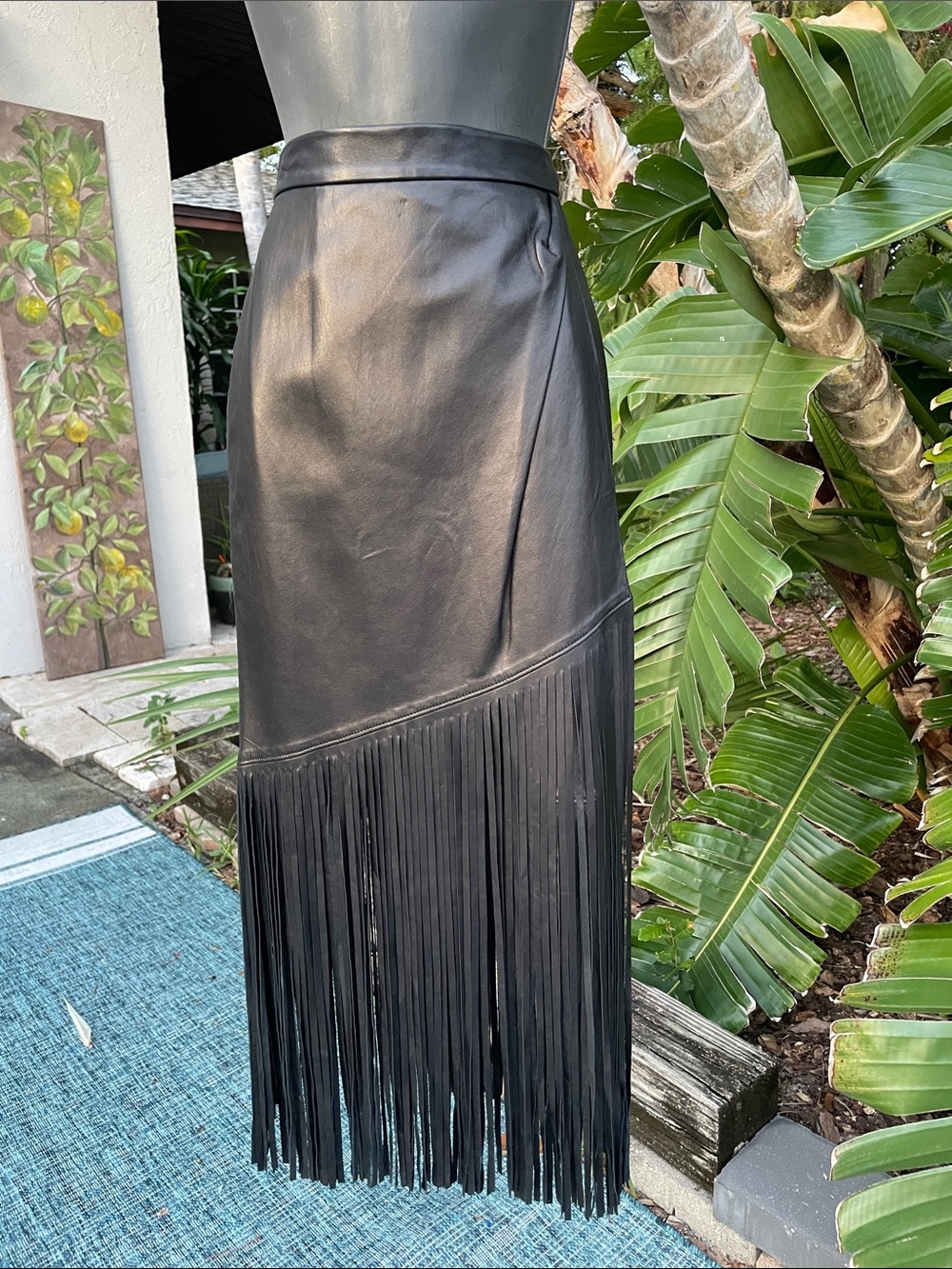 Tamara Mellon Black Leather Maxi Skirt with Fringe Hem